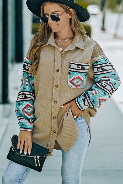 Aztec Pattern Sleeve Khaki Corduroy Shacket