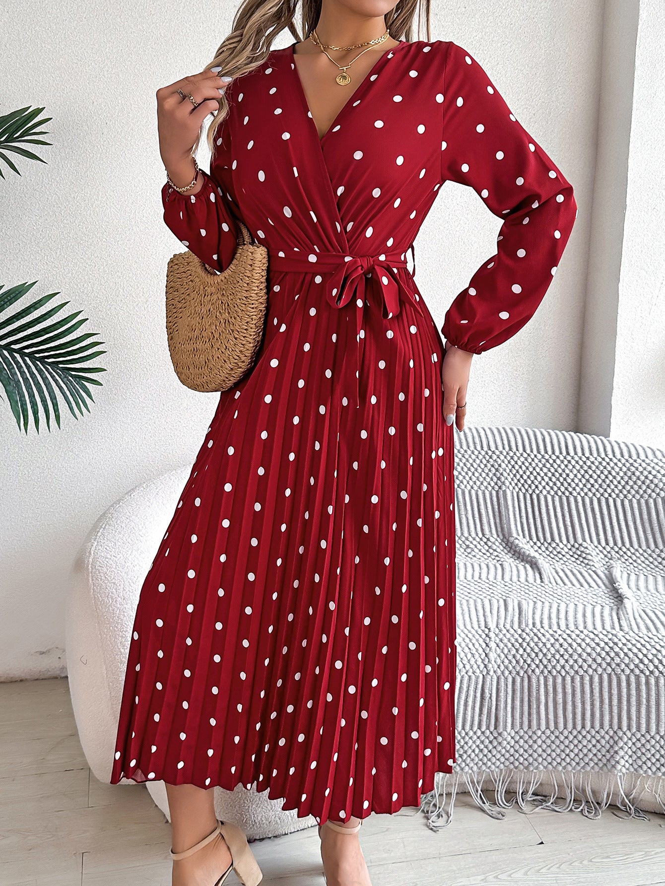 Elegant Contrast Color Polka Dot Cross V-neck Pleated Maxi Dress For Women