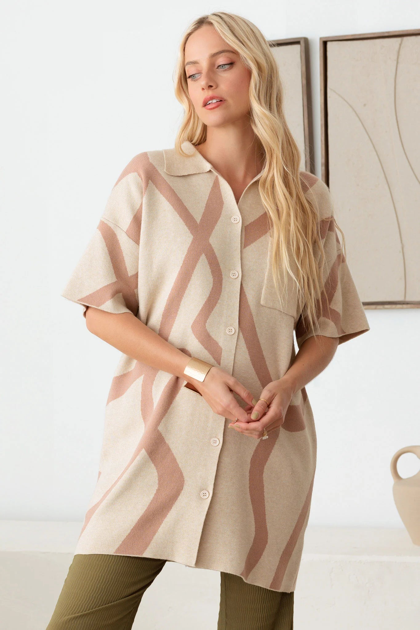 Abstract Collared Button down Sweater Dress