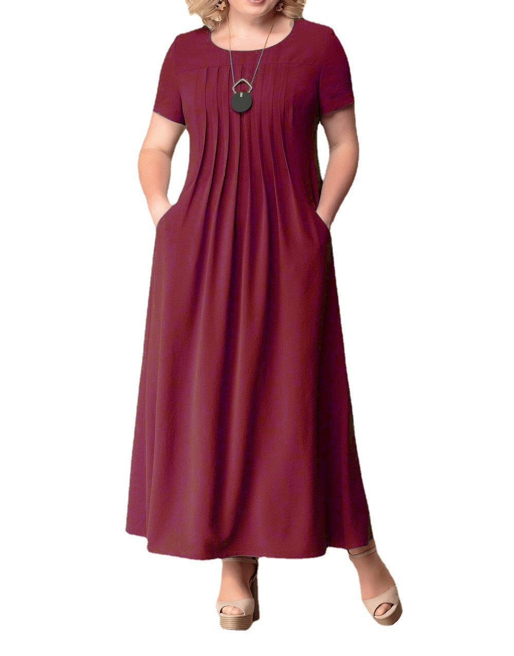 Plus Size Female Solid Color Round Neck Short Sleeves Dress