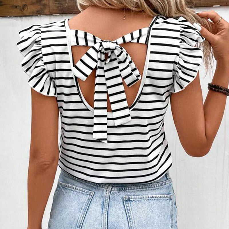 Summer Women's Striped Top Fashion V-neck T-shirt