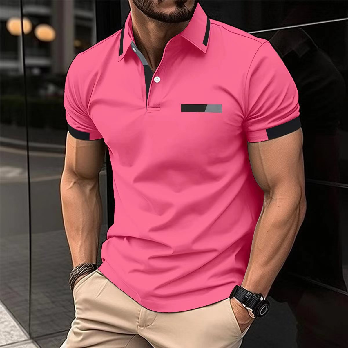 Men's Casual Polo Shirt Chest Faux Pocket Lapel Button Business T-shirt