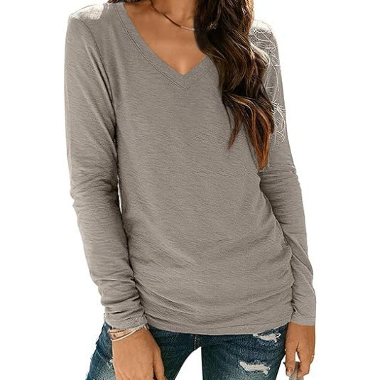 Women's V-neck Long Sleeve Loose T-shirt Shirt