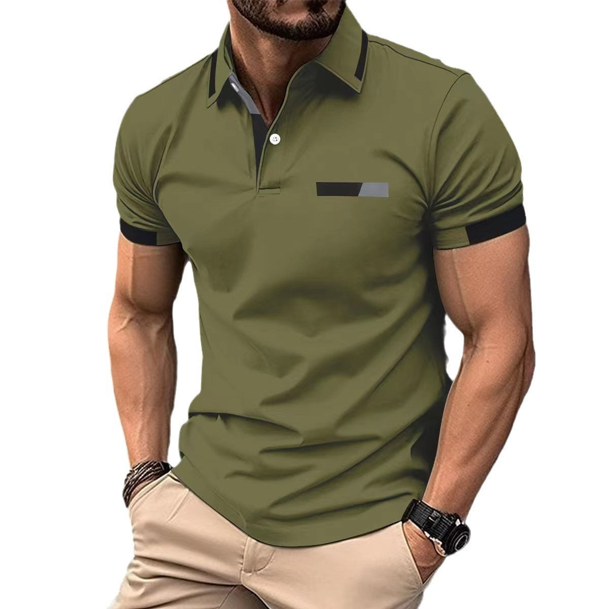 Men's Casual Polo Shirt Chest Faux Pocket Lapel Button Business T-shirt