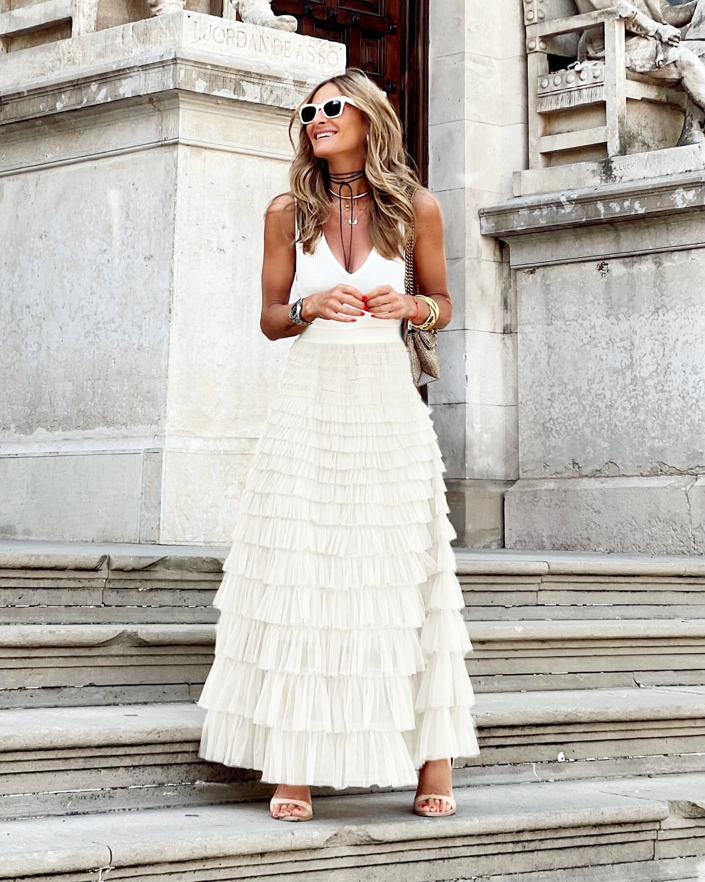 Layered Ruffles Cake Skirt Summer Fashion A Line Swing Mesh Long Skirt Party Dress Women