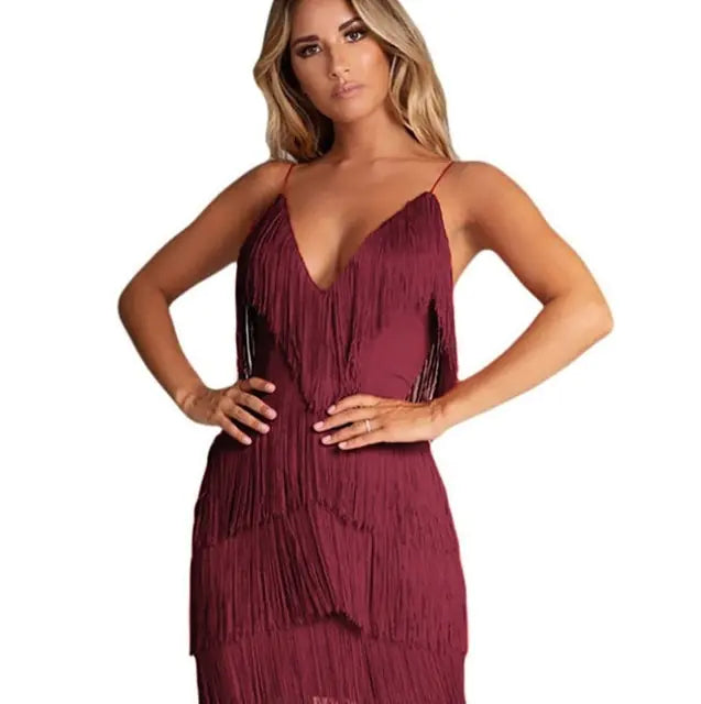 Deep V-Neck Fringe Tassel Dress