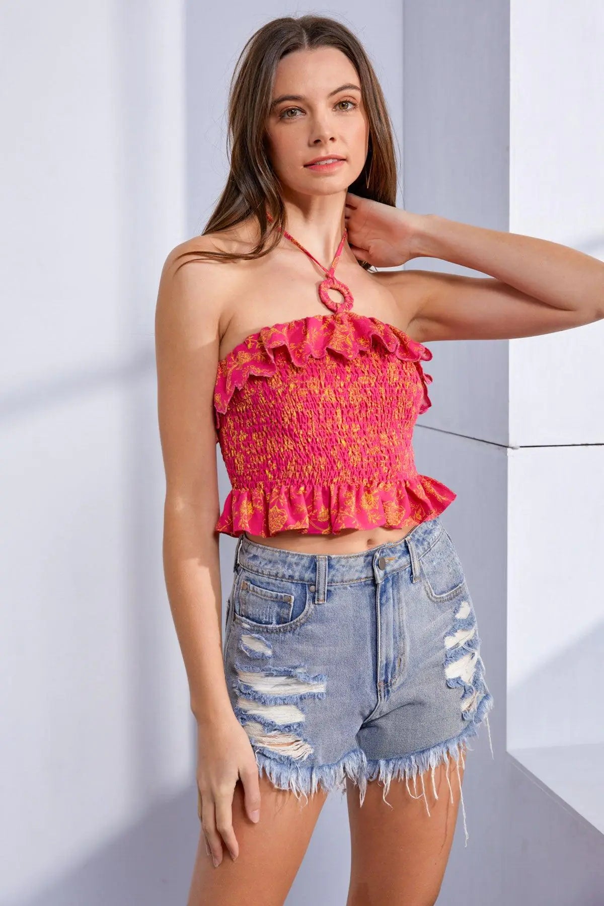 O-ring Smocked Floral Print Halter Crop Top